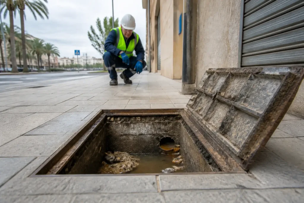 Arqueta abierta en acera con interior sucio y operario con equipo de seguridad al fondo