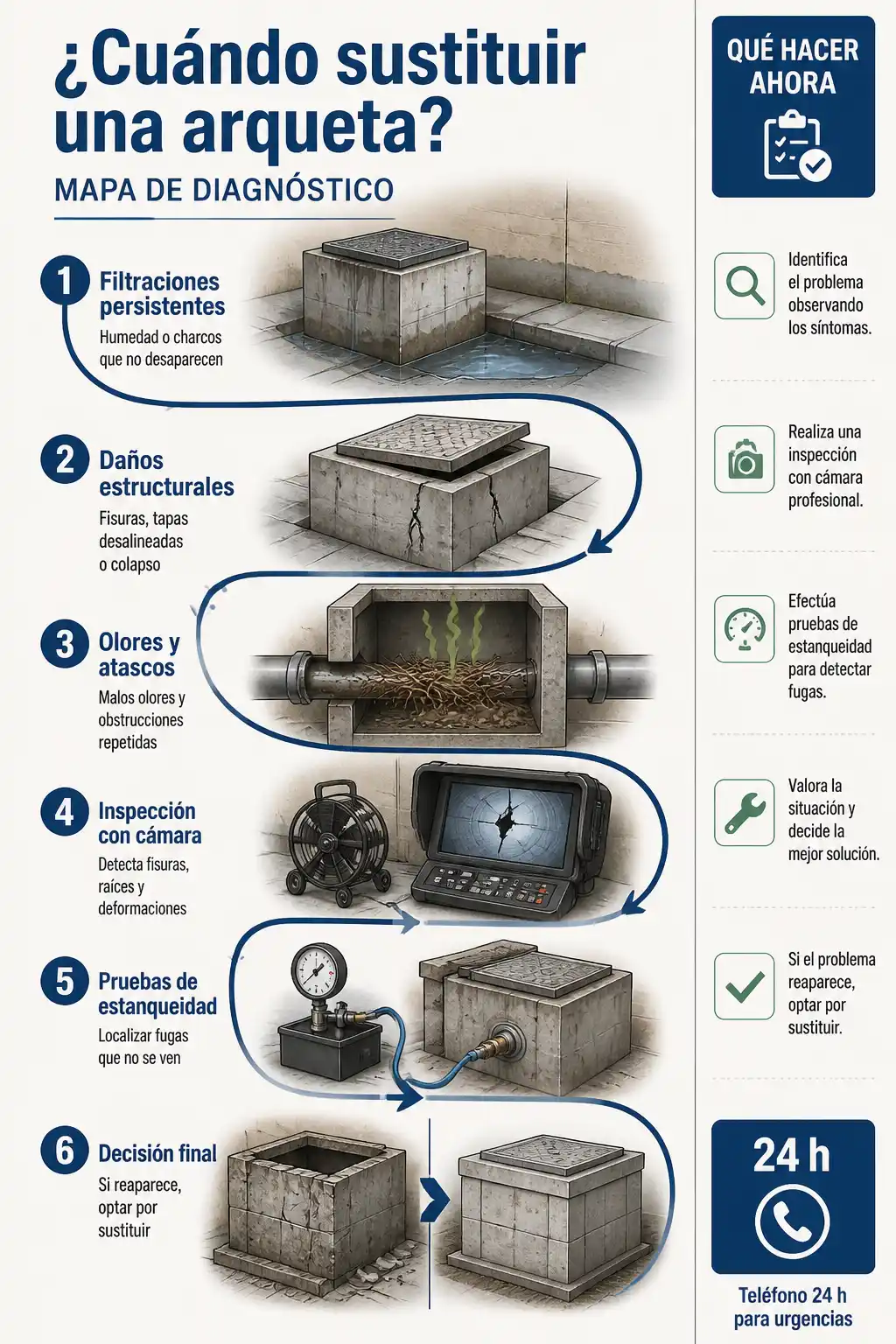 Infografía vertical tipo mapa de diagnóstico que guía en seis pasos cuándo sustituir una arqueta: filtraciones, daños estructurales, olores y atascos, inspección con cámara, pruebas de estanqueidad y decisión final; incluye barra lateral con checklist y contacto 24 h. Cuando es necesario sustituir una arqueta