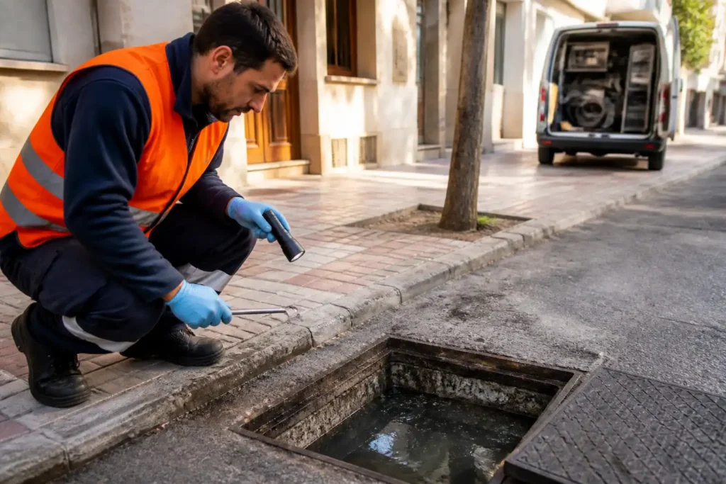 Operario con chaleco junto a arqueta abierta con agua estancada en una calle residencial de Elche.