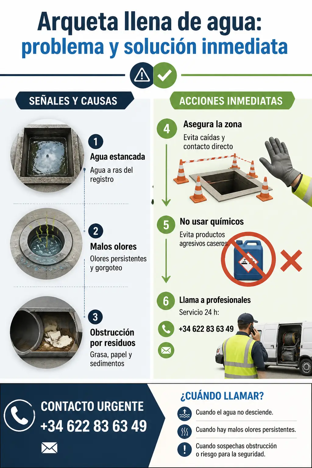 Infografía problema-solución sobre arquea llena de agua: señales (agua estancada, malos olores, obstrucción) en columna izquierda y acciones inmediatas (asegurar zona, no usar químicos, llamar a profesionales) en columna derecha, con franja de contacto urgente.