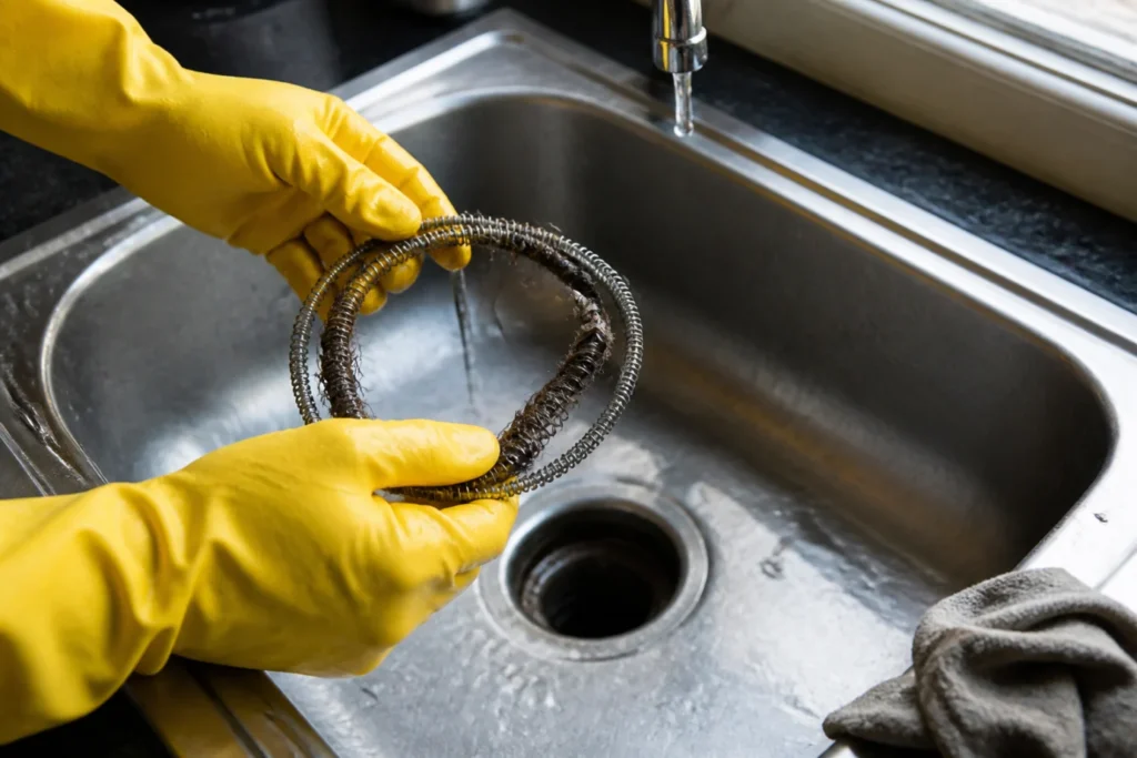 Cómo desatascar un fregadero con alambre de forma segura 1 Manos con guantes sacando restos de pelo con alambre del desagüe del fregadero