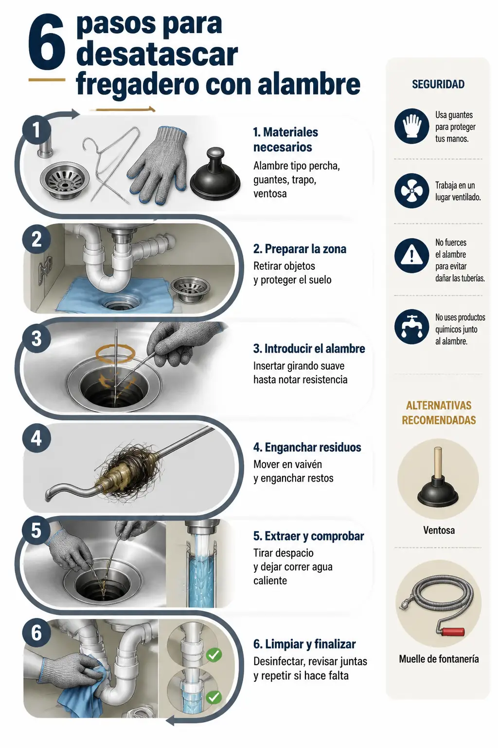 Cómo desatascar un fregadero con alambre de forma segura 2 Infografía paso a paso en S que muestra 6 acciones para desatascar un fregadero con alambre: materiales, preparación, introducir, enganchar, extraer y limpiar, con iconos de seguridad y alternativas.