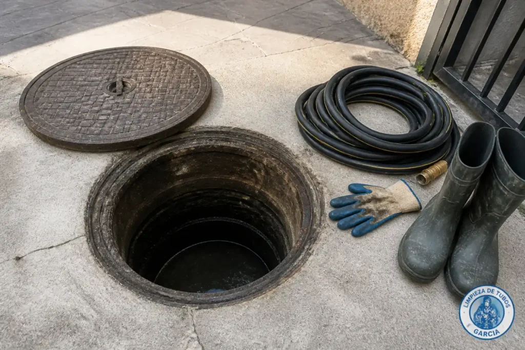 Boca de registro de pozo ciego abierta con manguera y guantes de trabajo sobre hormigón